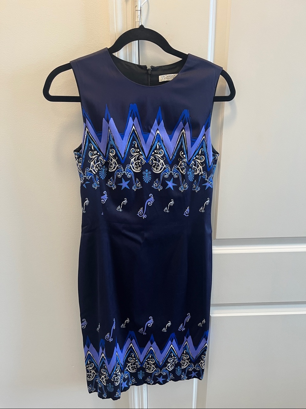 Versace Collection Navy Sheath Dress with Cobalt & Royal Blue Accents